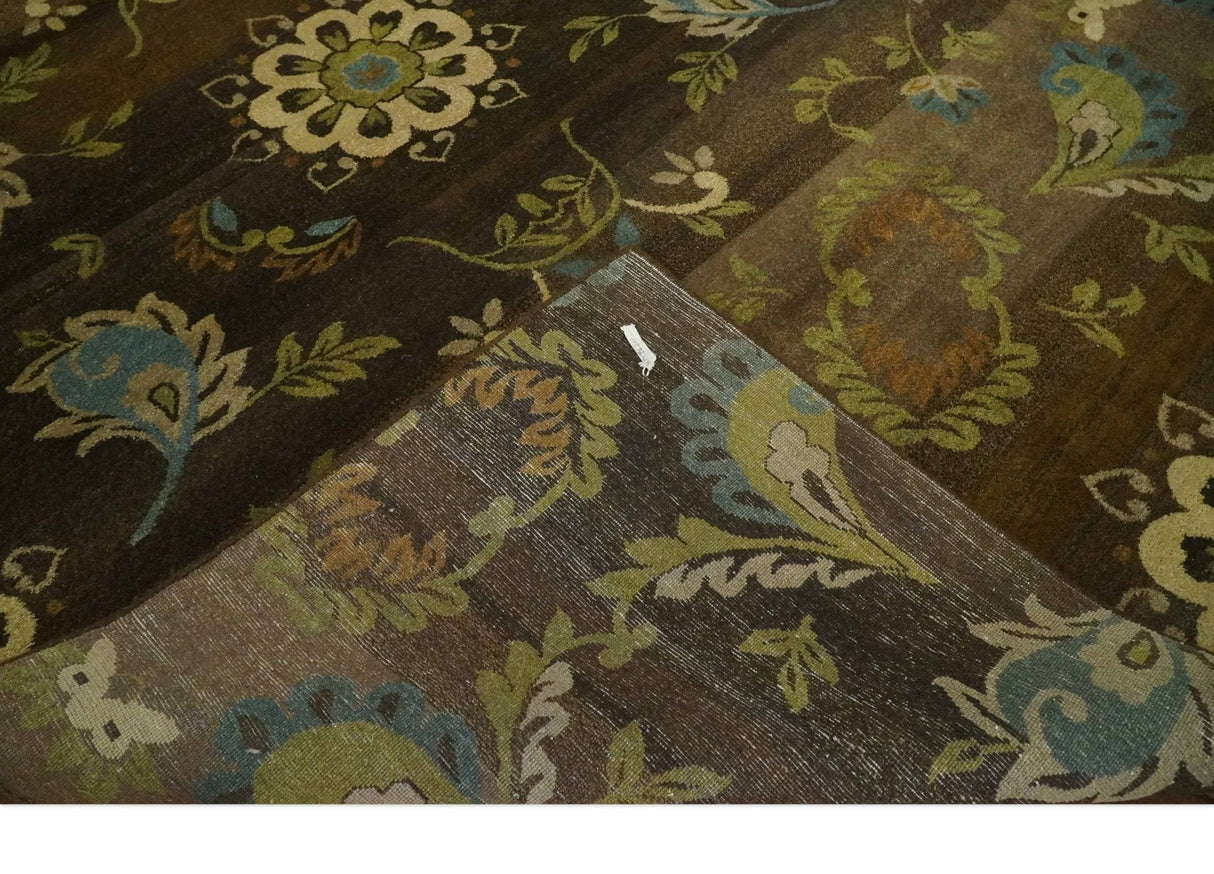 Traditional Floral Green, Beige, Brown and Teal Fine Hand knotted wool Area Rug