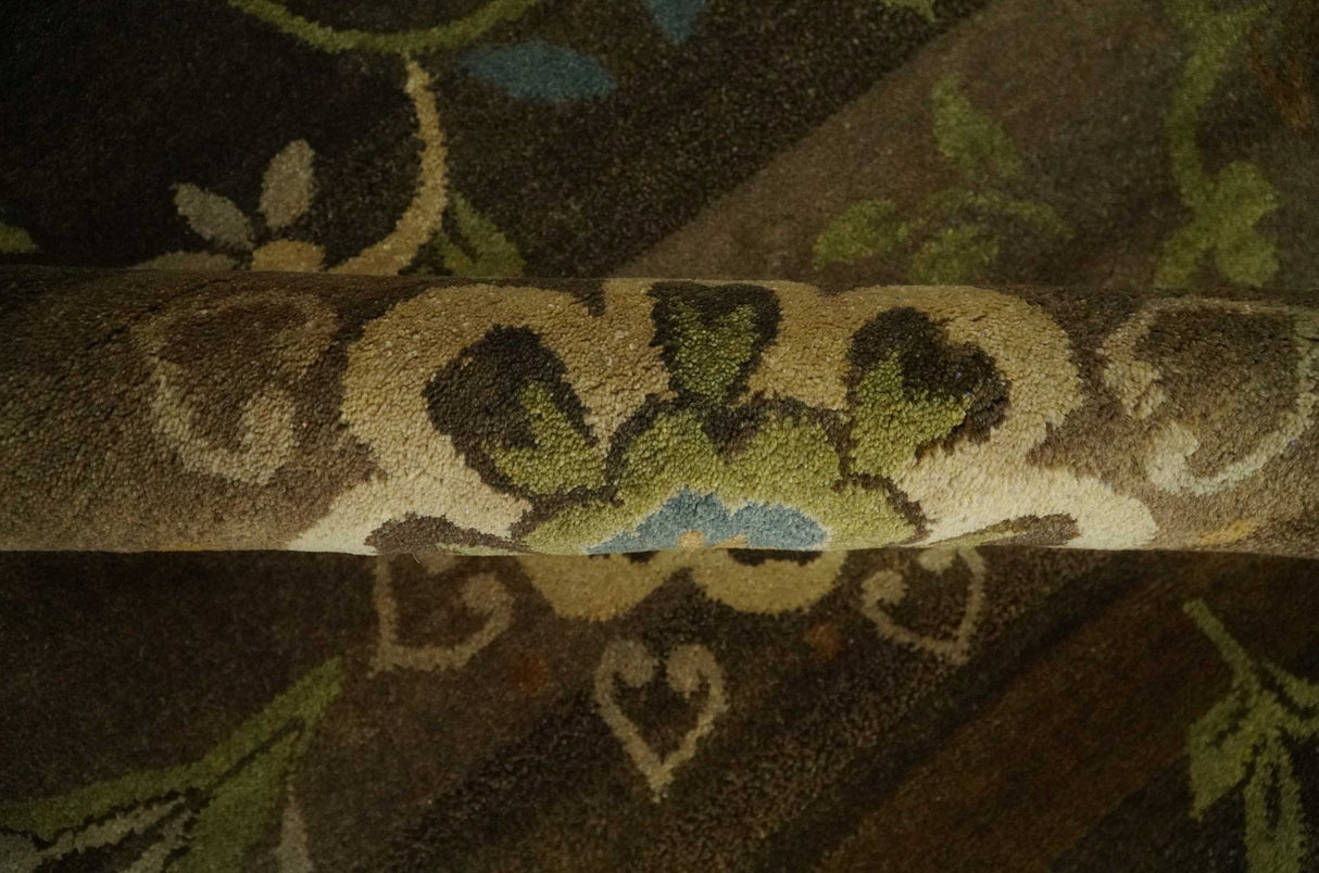 Traditional Floral Green, Beige, Brown and Teal Fine Hand knotted wool Area Rug
