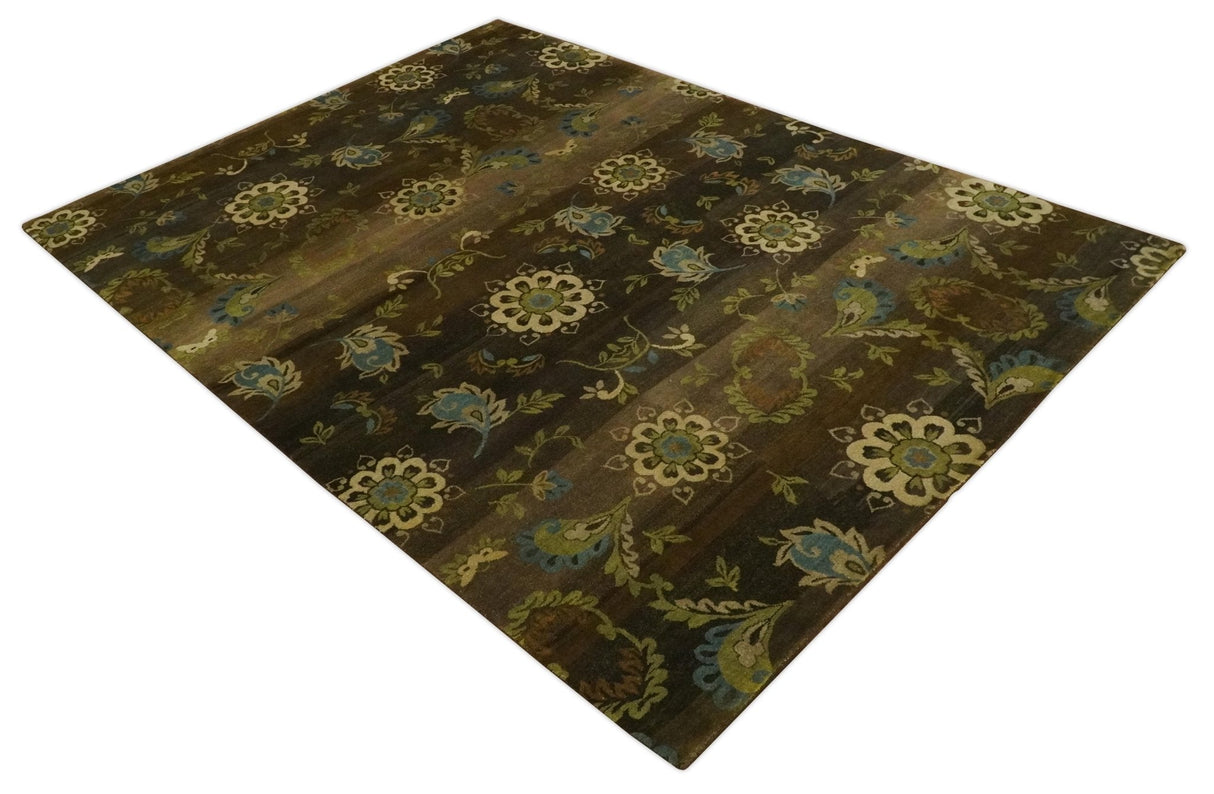 Traditional Floral Green, Beige, Brown and Teal Fine Hand knotted wool Area Rug
