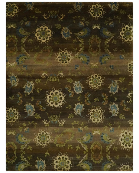 Traditional Floral Green, Beige, Brown and Teal Fine Hand knotted wool Area Rug