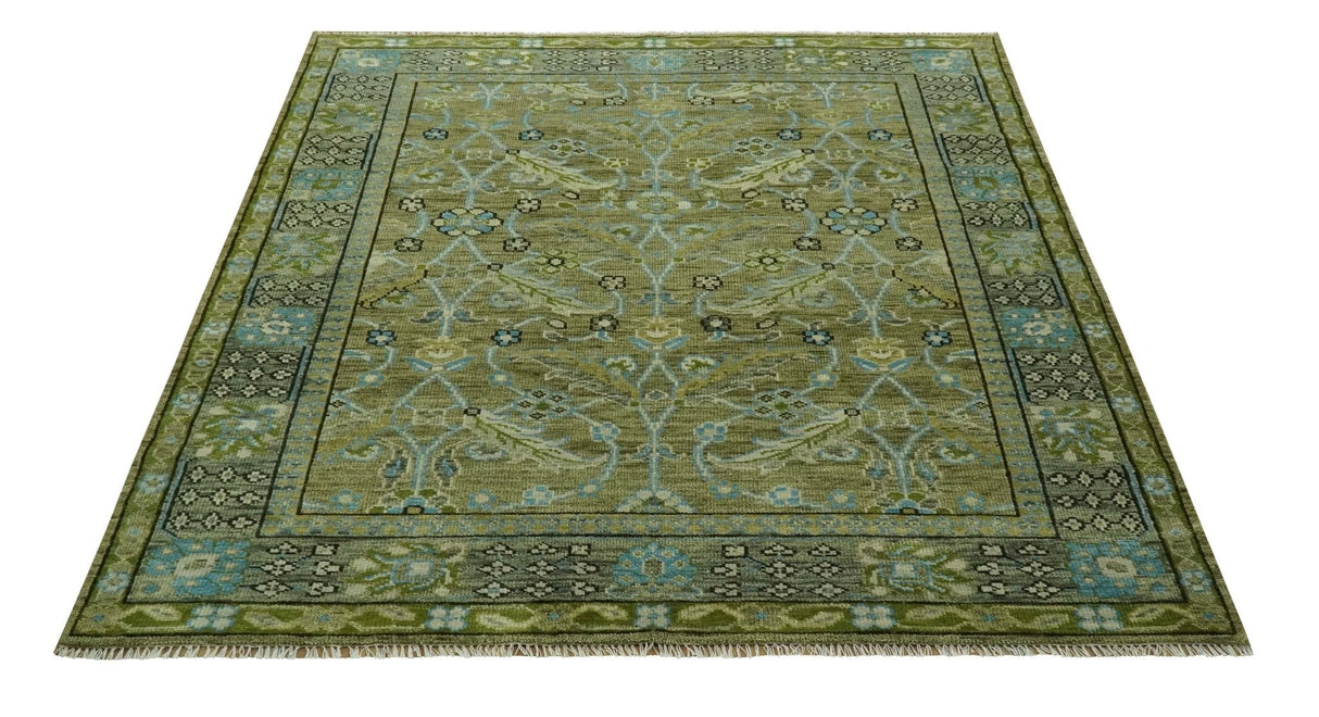 Traditional Floral Green and Aqua Hand Knotted 8x10 wool area rug