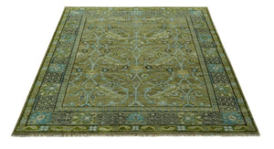 Traditional Floral Green and Aqua Hand Knotted 8x10 wool area rug