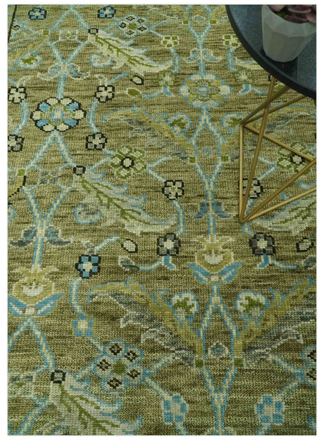 Traditional Floral Green and Aqua Hand Knotted 8x10 wool area rug