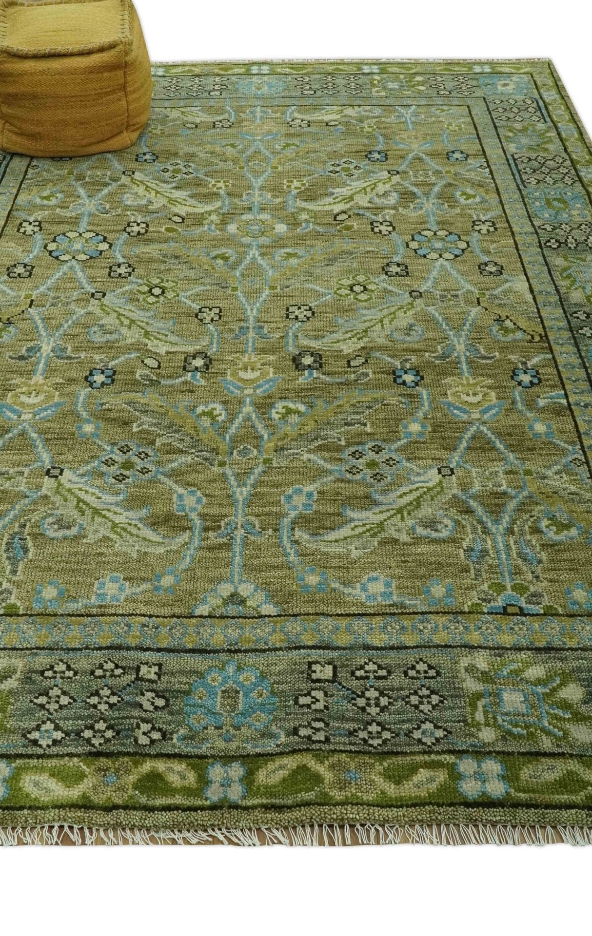 Traditional Floral Green and Aqua Hand Knotted 8x10 wool area rug