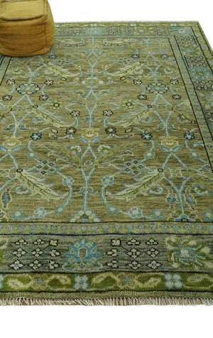 Traditional Floral Green and Aqua Hand Knotted 8x10 wool area rug