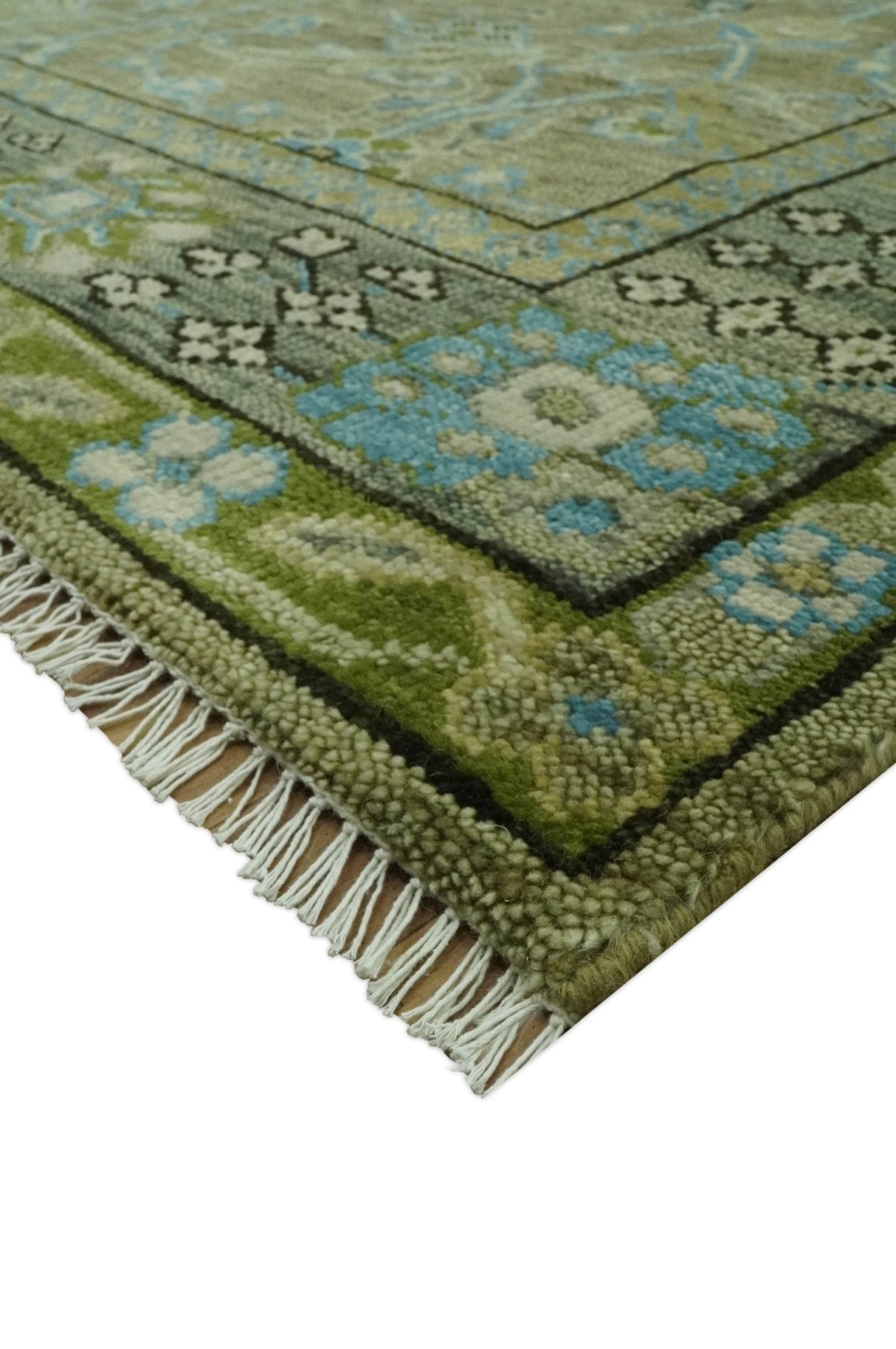 Traditional Floral Green and Aqua Hand Knotted 8x10 wool area rug
