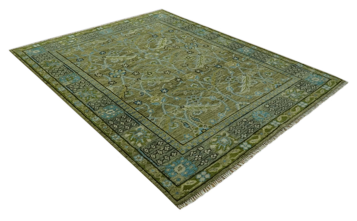 Traditional Floral Green and Aqua Hand Knotted 8x10 wool area rug
