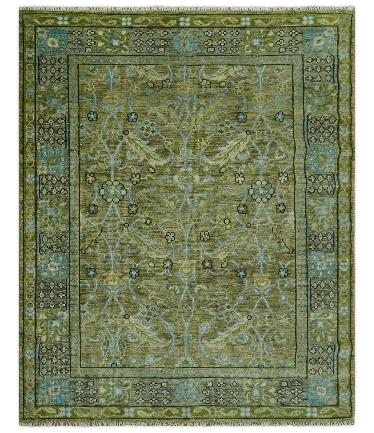 Traditional Floral Green and Aqua Hand Knotted 8x10 wool area rug