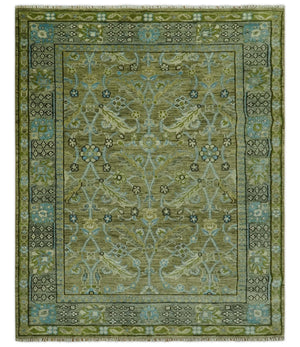 Traditional Floral Green and Aqua Hand Knotted 8x10 wool area rug