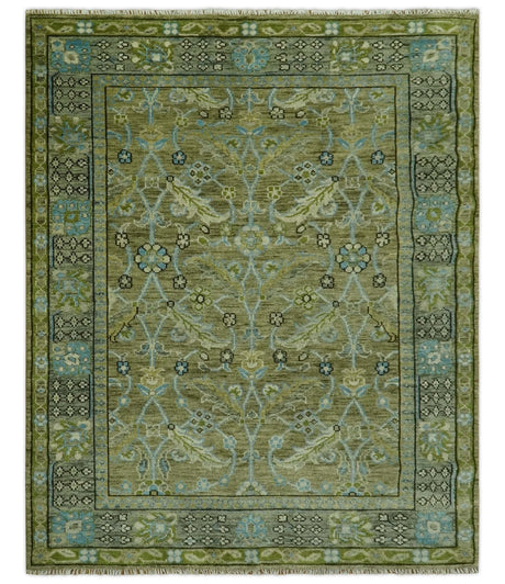 Traditional Floral Green and Aqua Hand Knotted 8x10 wool area rug