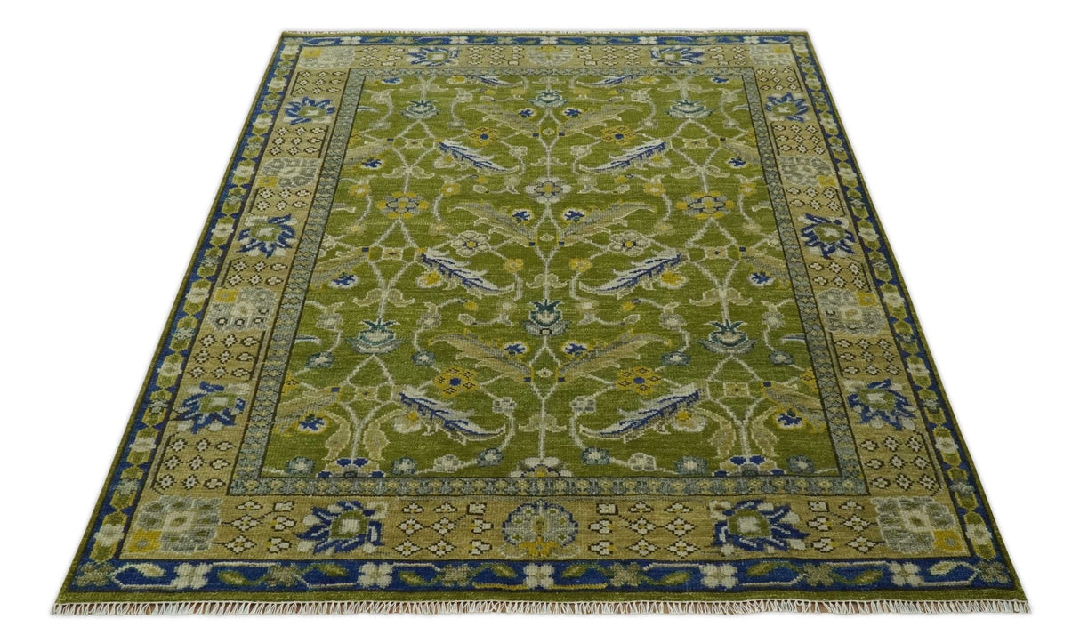 Traditional Floral Green and Blue Hand Knotted 8x10 wool area rug