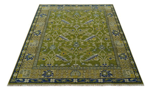 Traditional Floral Green and Blue Hand Knotted 8x10 wool area rug