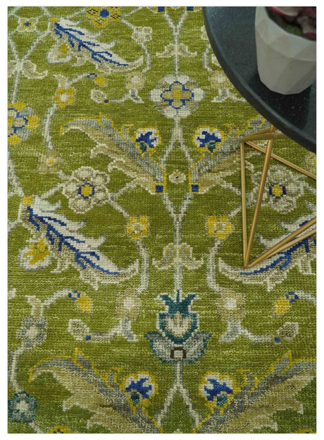 Traditional Floral Green and Blue Hand Knotted 8x10 wool area rug