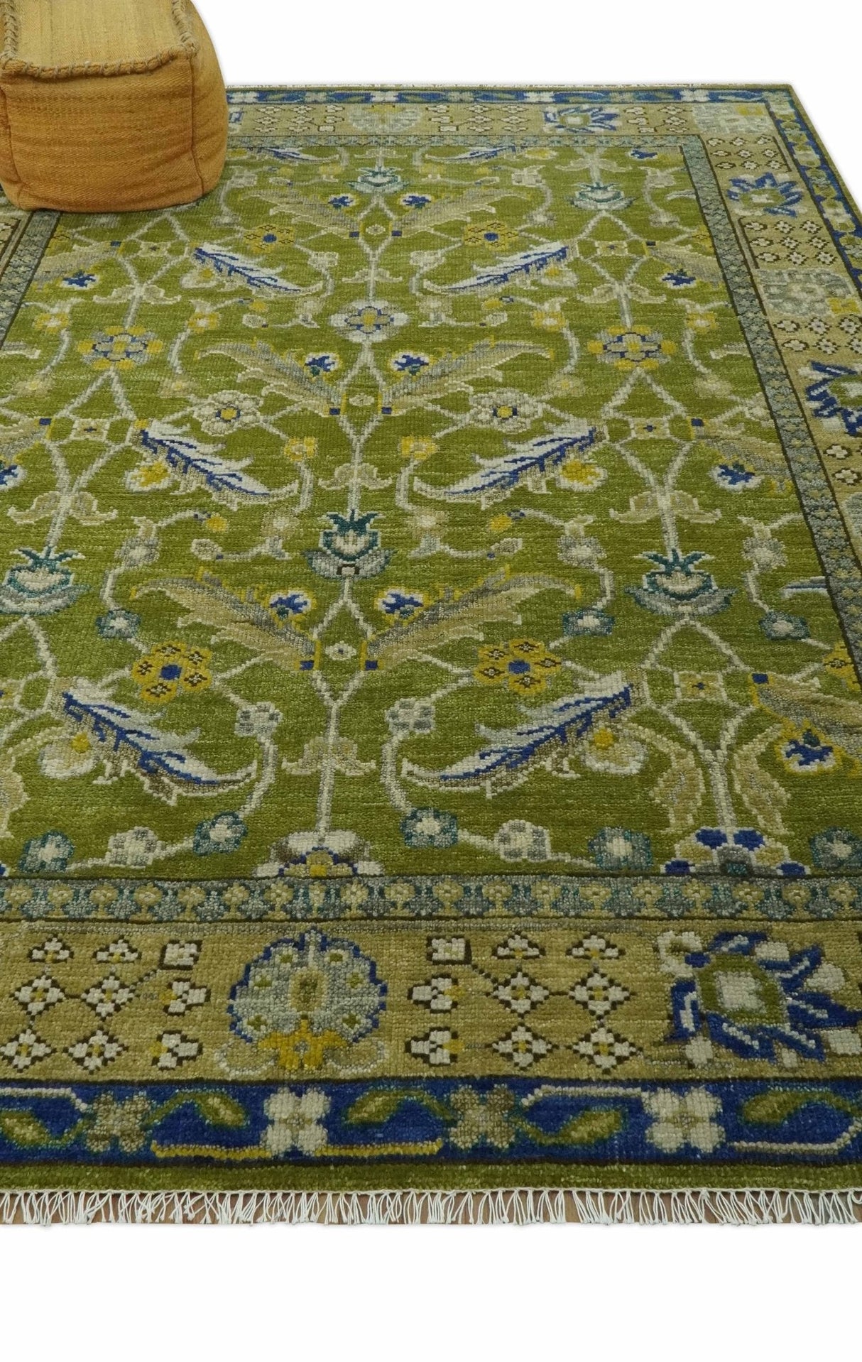 Traditional Floral Green and Blue Hand Knotted 8x10 wool area rug