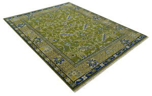 Traditional Floral Green and Blue Hand Knotted 8x10 wool area rug