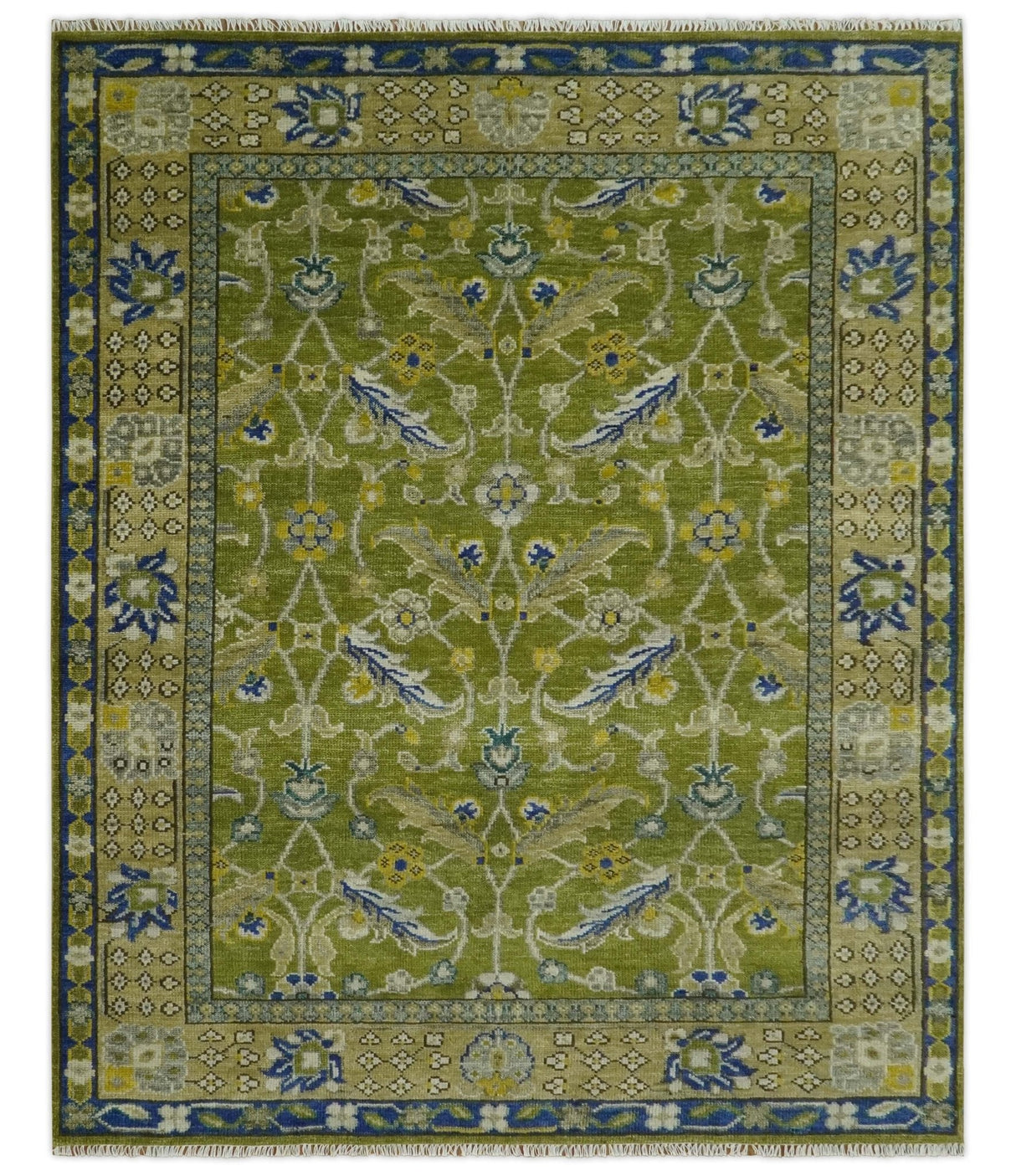 Traditional Floral Green and Blue Hand Knotted 8x10 wool area rug