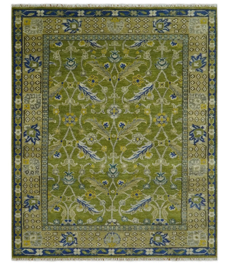 Traditional Floral Green and Blue Hand Knotted 8x10 wool area rug
