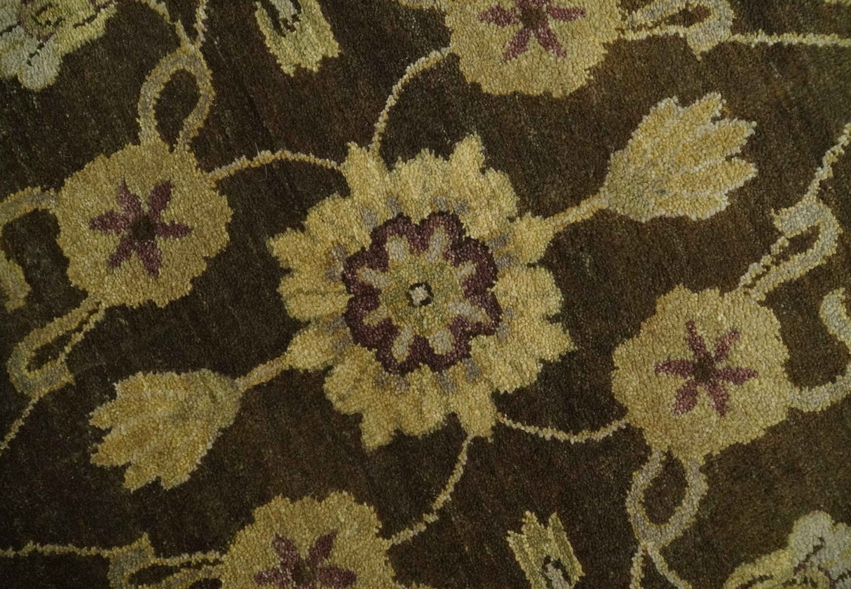 Traditional Floral Olive and Brown Hand knotted Oushak 9.7x13.11 wool Area Rug