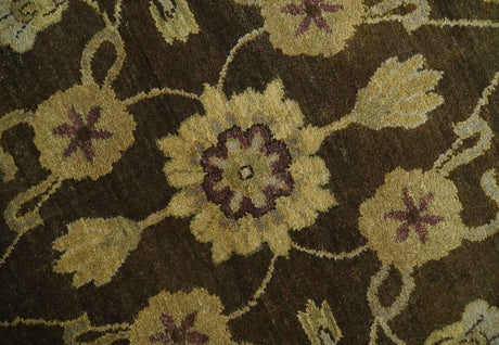 Traditional Floral Olive and Brown Hand knotted Oushak 9.7x13.11 wool Area Rug