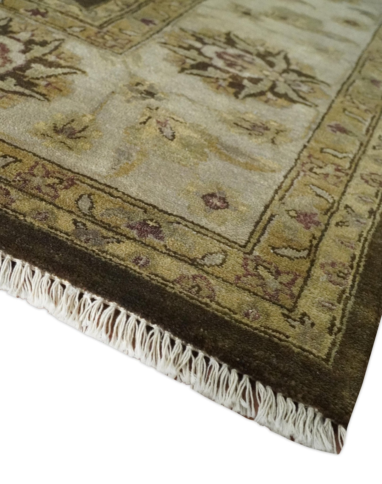 Traditional Floral Olive and Brown Hand knotted Oushak 9.7x13.11 wool Area Rug