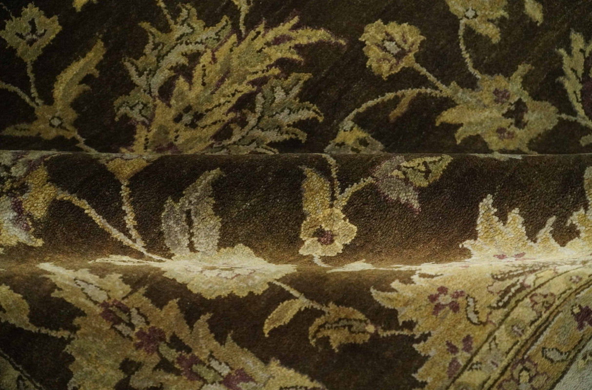 Traditional Floral Olive and Brown Hand knotted Oushak 9.7x13.11 wool Area Rug