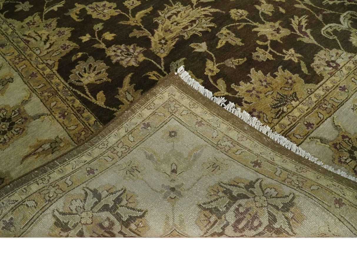 Traditional Floral Olive and Brown Hand knotted Oushak 9.7x13.11 wool Area Rug