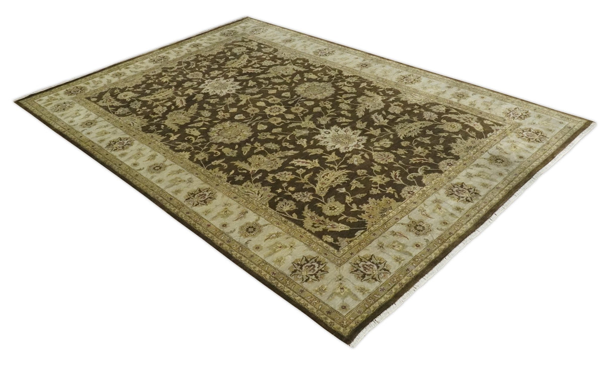 Traditional Floral Olive and Brown Hand knotted Oushak 9.7x13.11 wool Area Rug