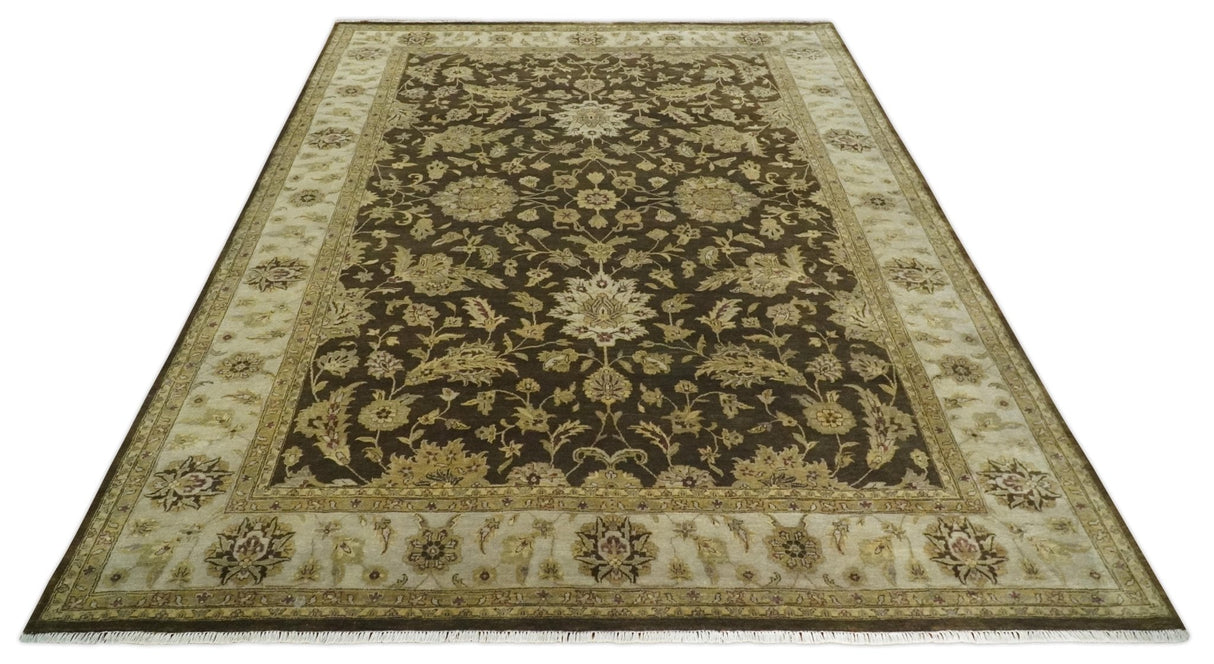 Traditional Floral Olive and Brown Hand knotted Oushak 9.7x13.11 wool Area Rug