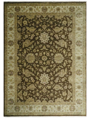 Traditional Floral Olive and Brown Hand knotted Oushak 9.7x13.11 wool Area Rug