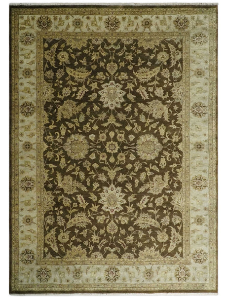 Traditional Floral Olive and Brown Hand knotted Oushak 9.7x13.11 wool Area Rug