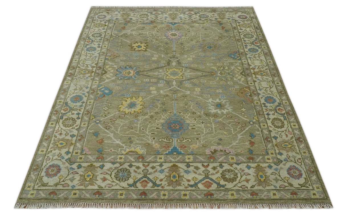 Traditional Floral Olive and Ivory 8x10 Hand Knotted Oriental Oushak wool area rug