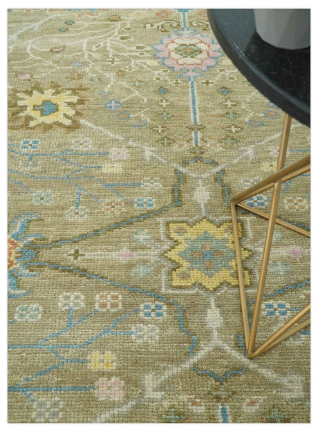 Traditional Floral Olive and Ivory 8x10 Hand Knotted Oriental Oushak wool area rug