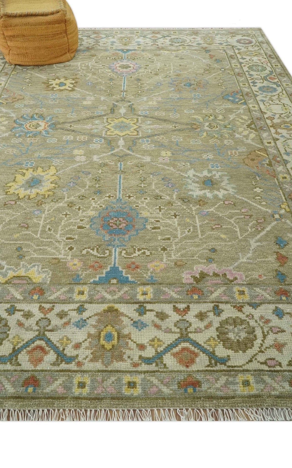 Traditional Floral Olive and Ivory 8x10 Hand Knotted Oriental Oushak wool area rug