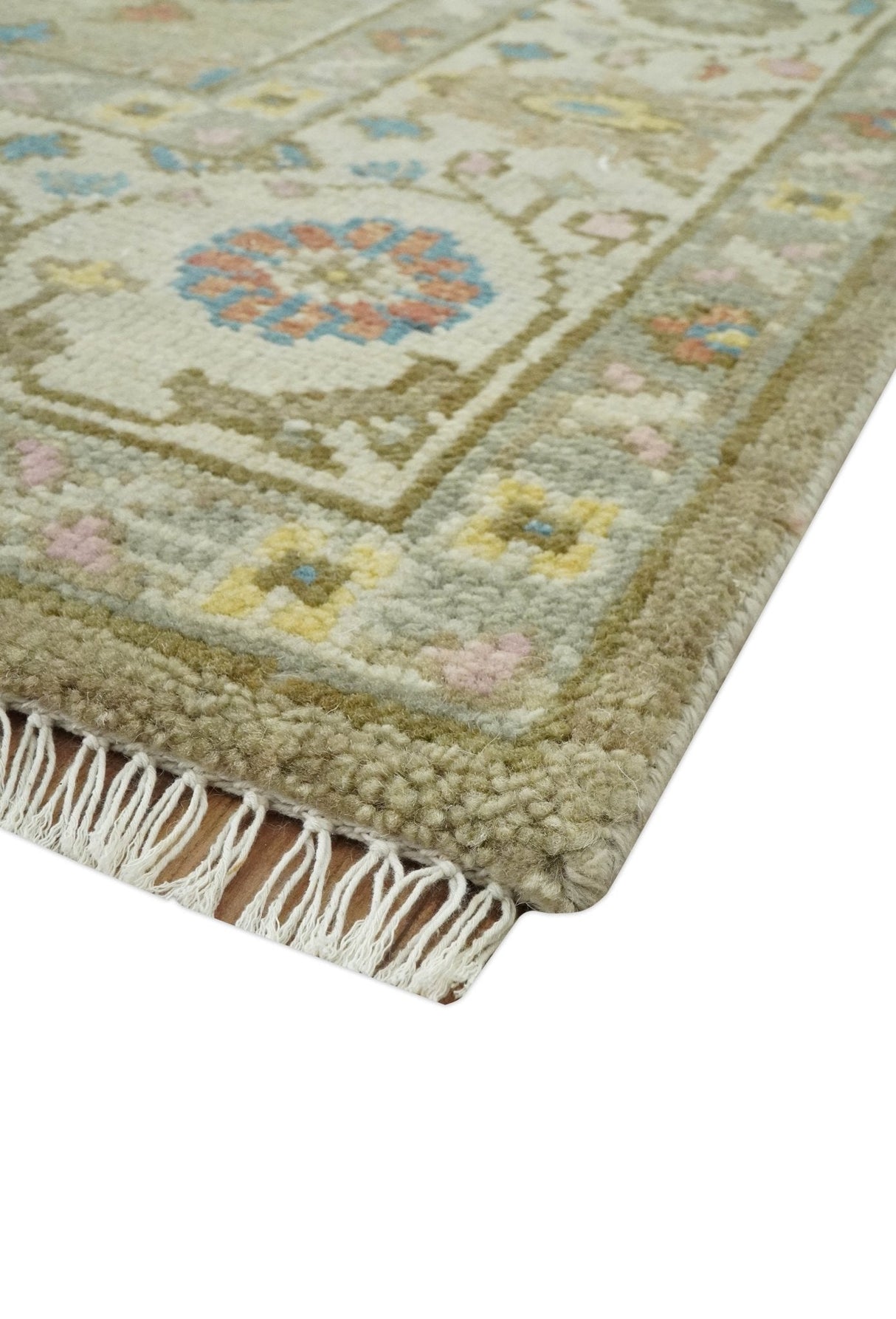 Traditional Floral Olive and Ivory 8x10 Hand Knotted Oriental Oushak wool area rug