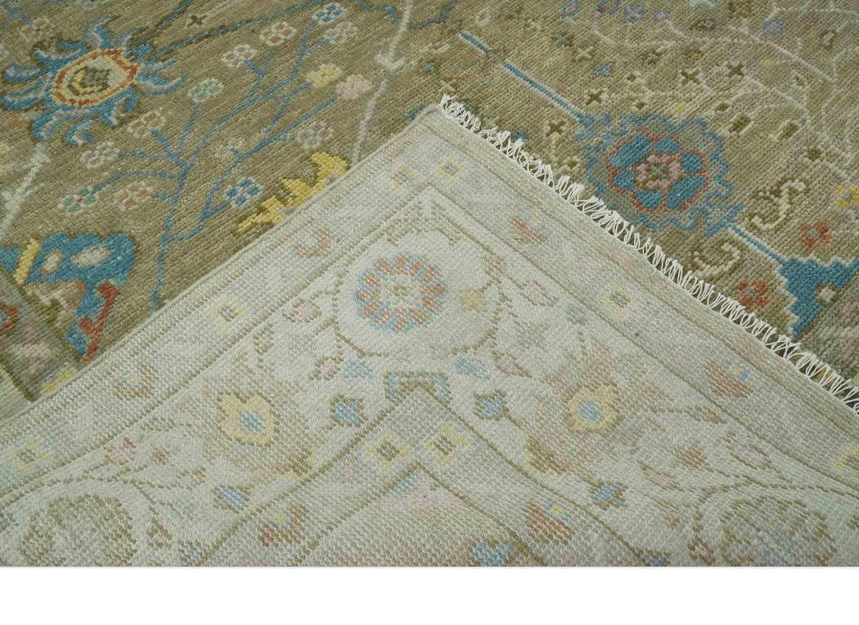 Traditional Floral Olive and Ivory 8x10 Hand Knotted Oriental Oushak wool area rug