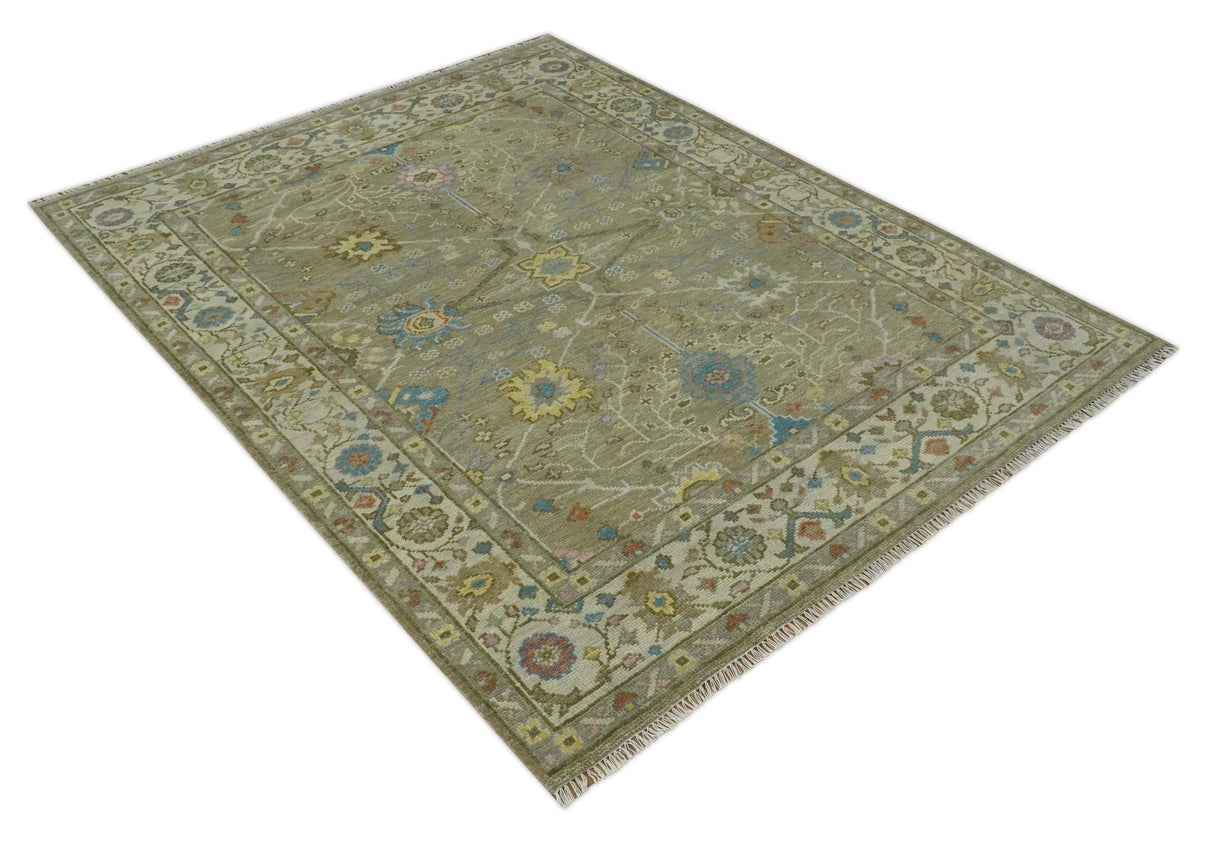 Traditional Floral Olive and Ivory 8x10 Hand Knotted Oriental Oushak wool area rug