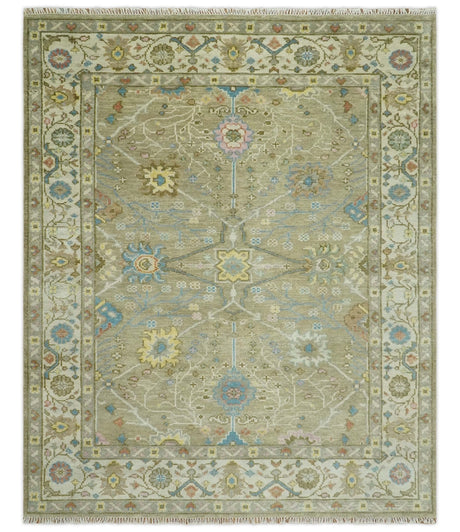 Traditional Floral Olive and Ivory 8x10 Hand Knotted Oriental Oushak wool area rug