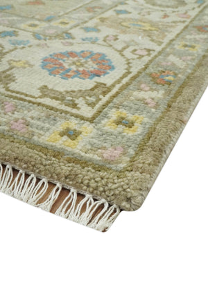 Traditional Floral Olive and Ivory Hand Knotted Oriental Oushak Custom Made wool area rug