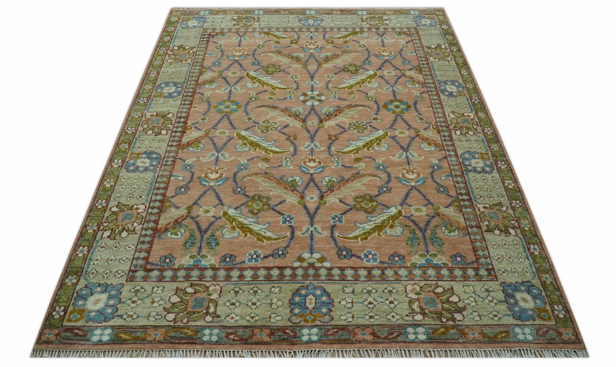 Traditional Floral Peach and Green Hand Knotted 8x10 wool area rug