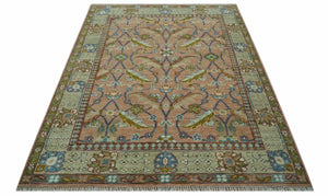 Traditional Floral Peach and Green Hand Knotted 8x10 wool area rug
