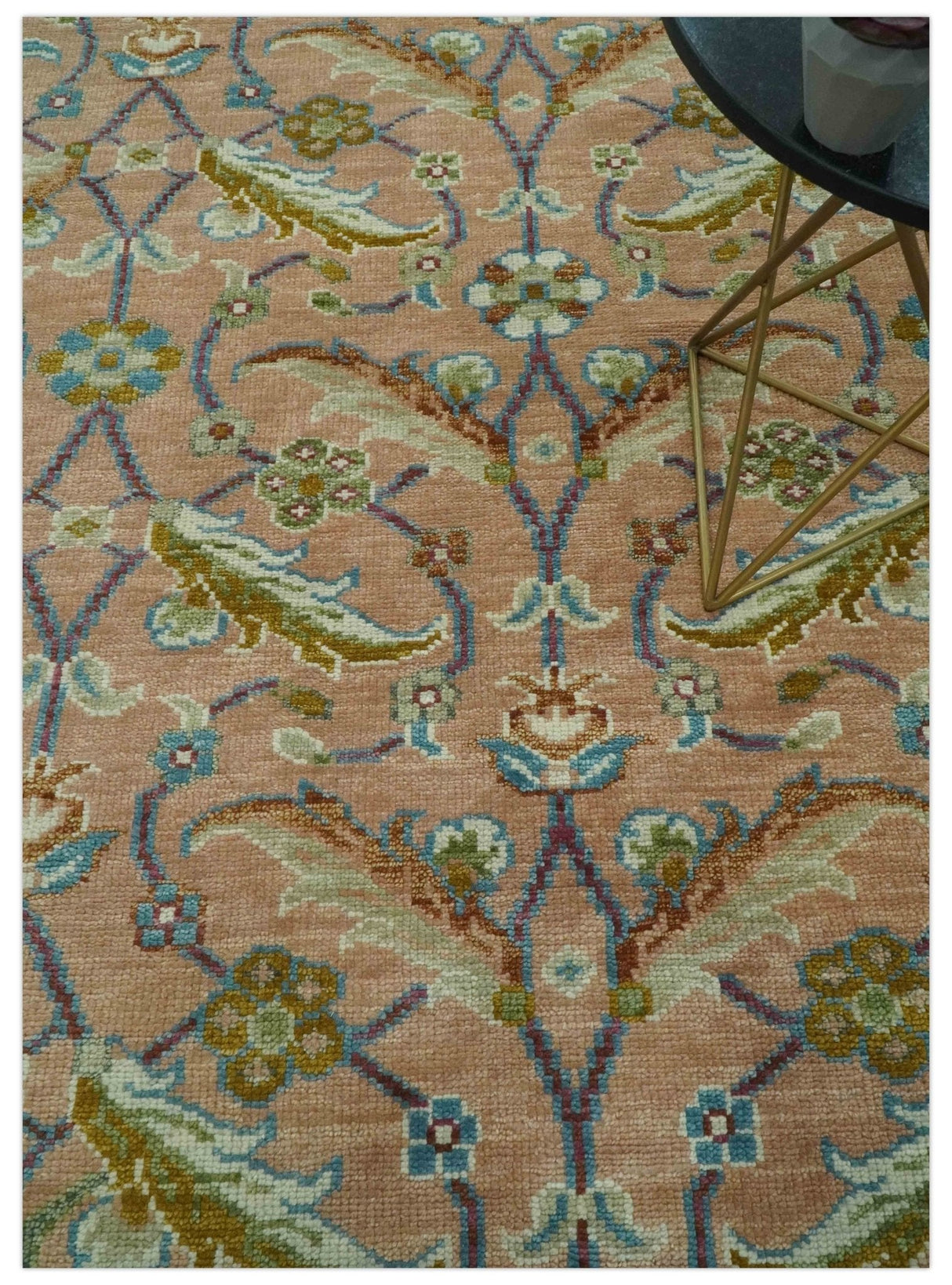 Traditional Floral Peach and Green Hand Knotted 8x10 wool area rug