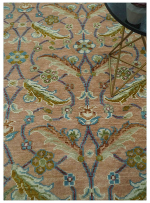 Traditional Floral Peach and Green Hand Knotted 8x10 wool area rug