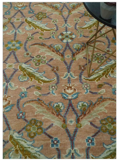 Traditional Floral Peach and Green Hand Knotted 8x10 wool area rug
