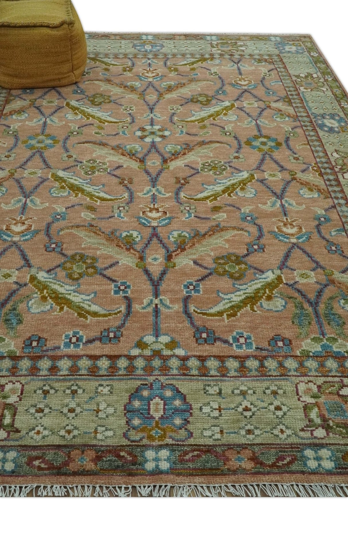 Traditional Floral Peach and Green Hand Knotted 8x10 wool area rug