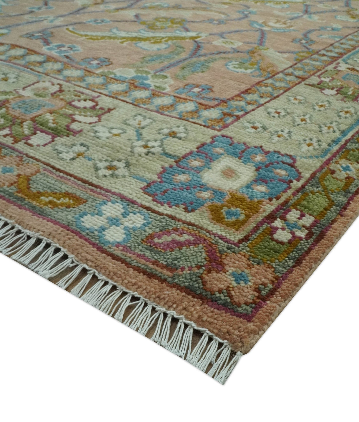 Traditional Floral Peach and Green Hand Knotted 8x10 wool area rug