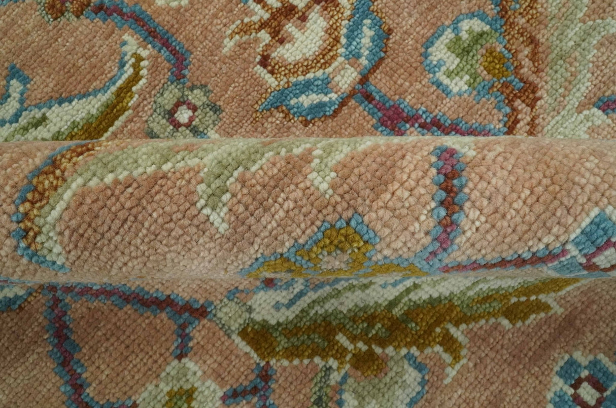 Traditional Floral Peach and Green Hand Knotted 8x10 wool area rug