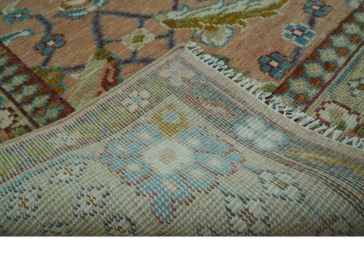 Traditional Floral Peach and Green Hand Knotted 8x10 wool area rug