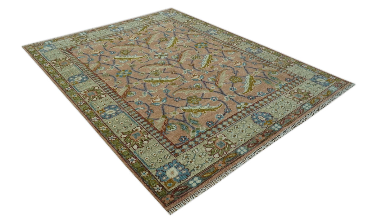 Traditional Floral Peach and Green Hand Knotted 8x10 wool area rug