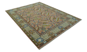 Traditional Floral Peach and Green Hand Knotted 8x10 wool area rug