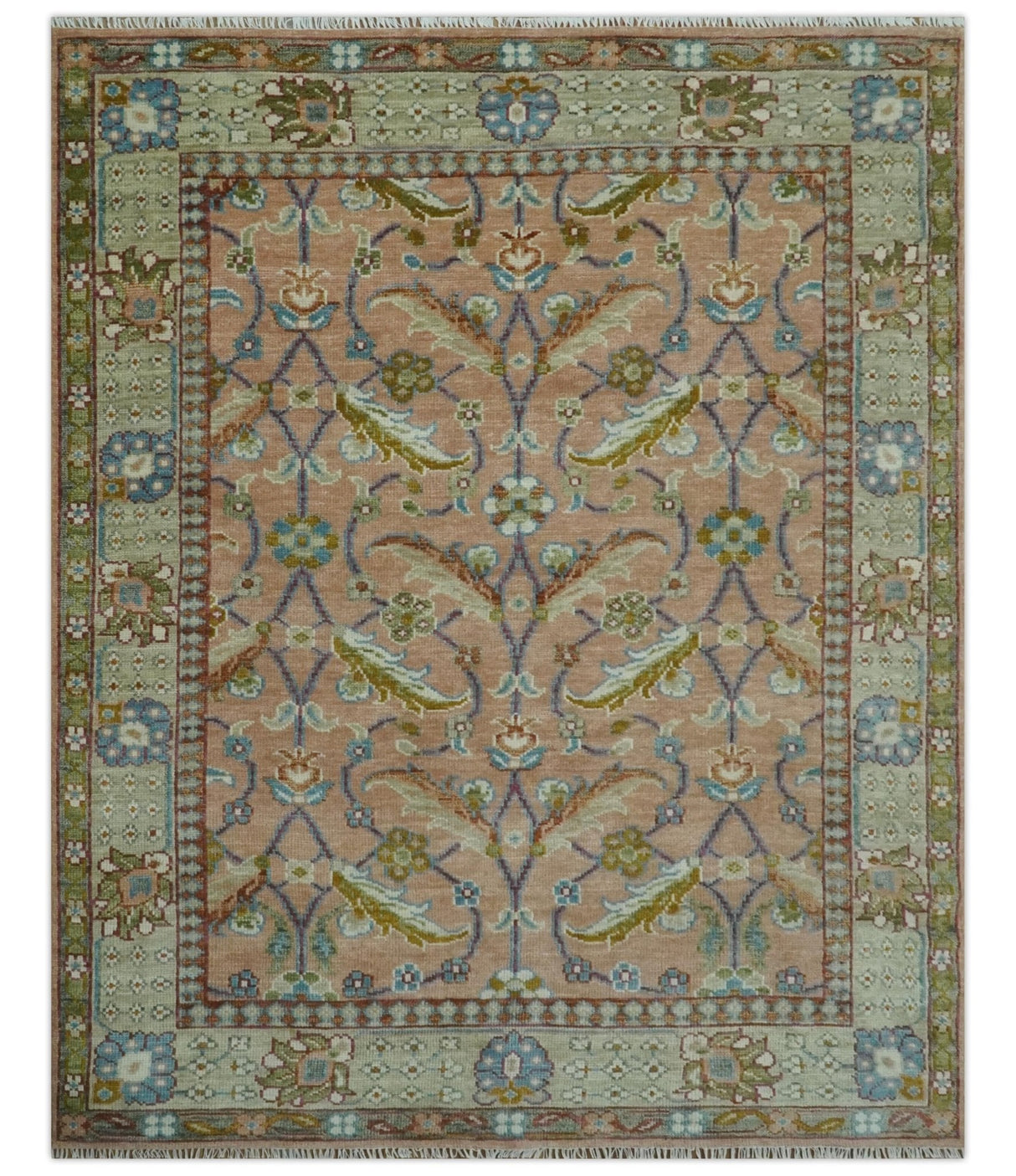 Traditional Floral Peach and Green Hand Knotted 8x10 wool area rug